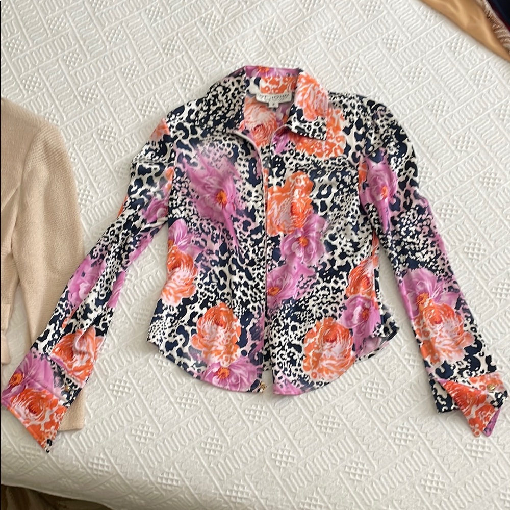 ST. JOHN silk floral leopard print blouse roses peony - Picture 8 of 17